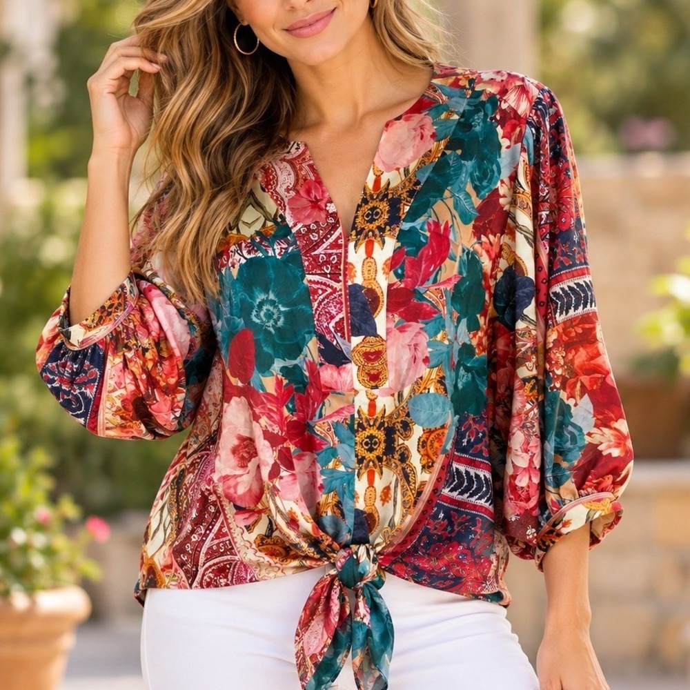Chicos Floral Paisley Patchwork Tie Front Blouse Red Teal Size 2 Large